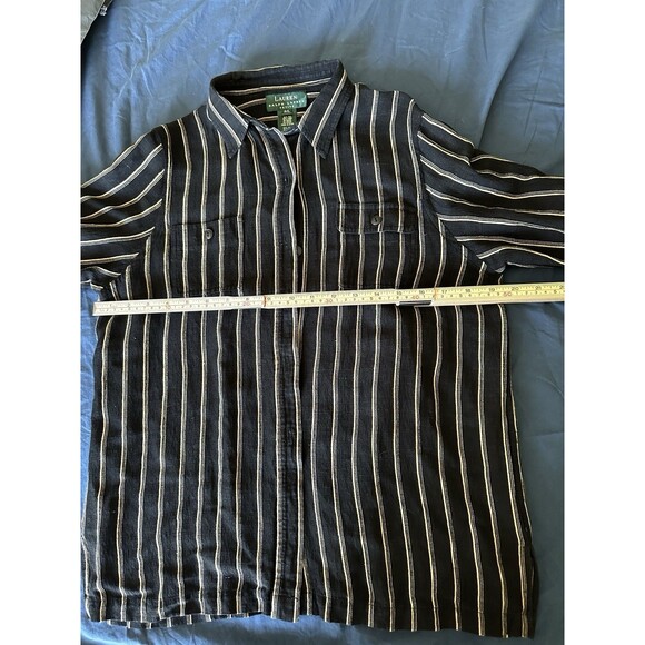 Lauren Ralph Lauren Petite P/L Silk Linen Blouse Black Beige‎ Stripe Button Down - Picture 8 of 10